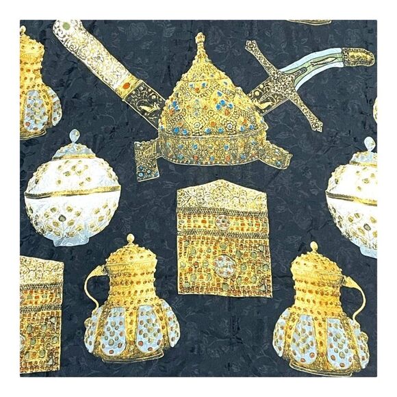 Vintage Silk Scarf Golden Teapots Knives Jewels Pattern Large 47" Classic India - Picture 2 of 3